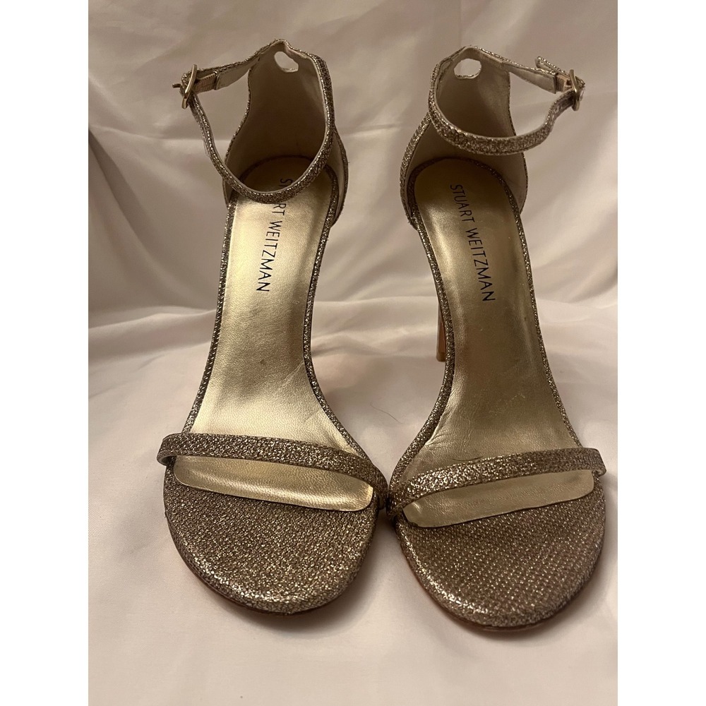 Stuart Weitzman Gold Glitter Strappy High Heel Sandals Slim Toe Band Sz 8.5